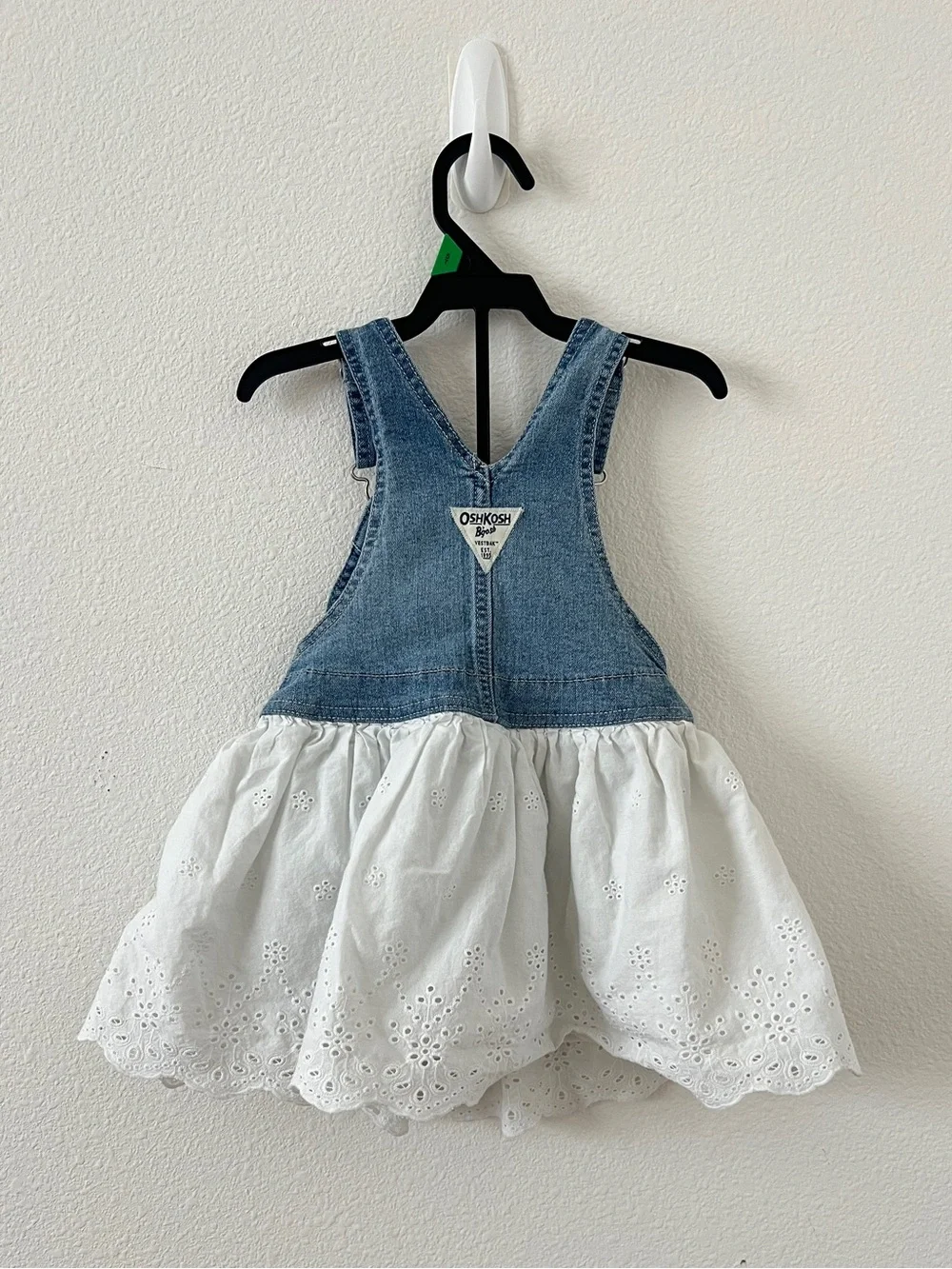 OshKosh B'gosh Denim Overall Dress with White Eyelet Skirt - Blue & White 🤍